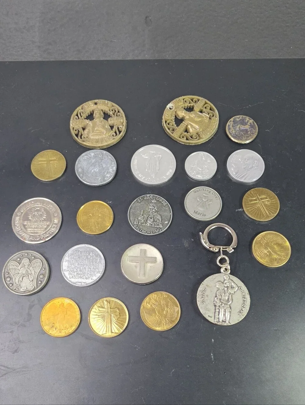 Religious Medal Keychain and Assorted Faith Tokens - Gold & Silver 21 Pieces